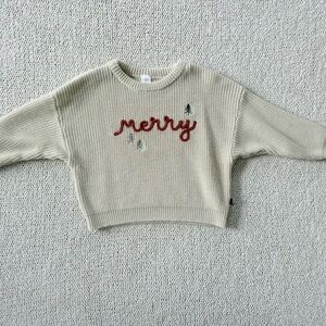 Modern Moments Kids Cream Sweater with Red 'Merry' Embroidery